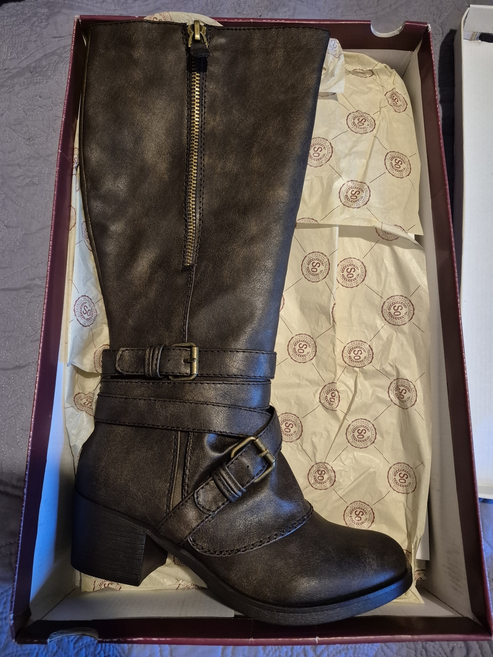 Women's Brown Mid-Calf Buckle Riding Boots - Picture 3 of 3